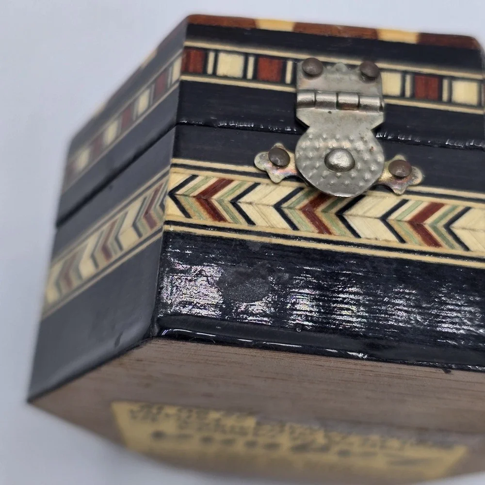 Vintage Moroccan Inlay Wood Jewelry‎ Box Geometric Marquetry Hexagon